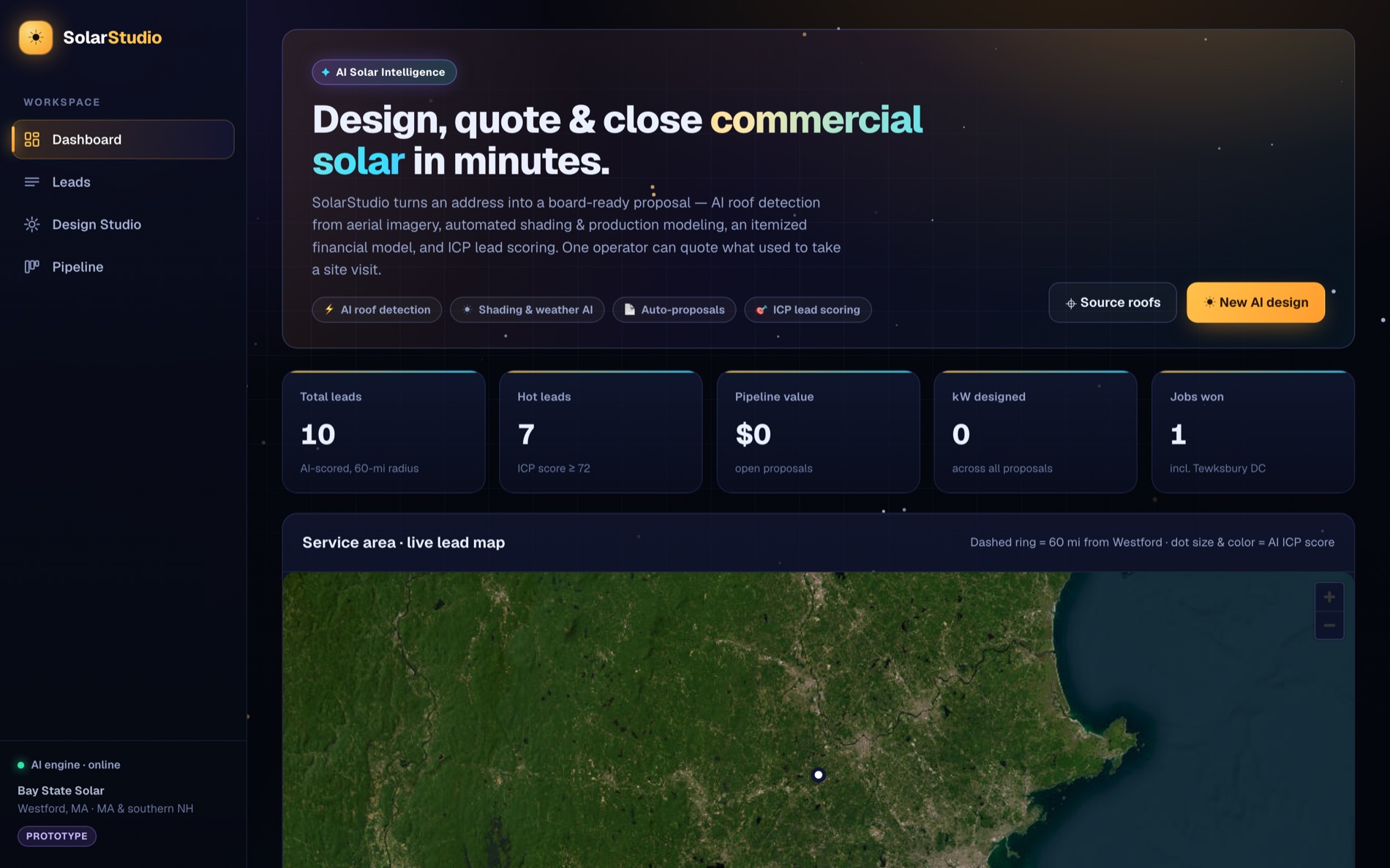 SolarStudio dashboard — AI lead pipeline and live service-area map